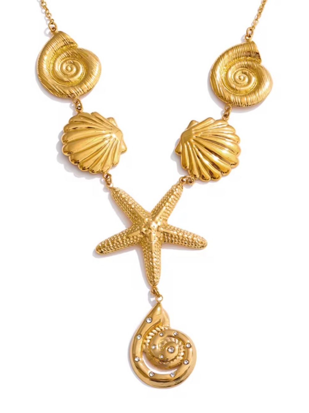 Gold Seashell & Starfish Stainless Steel Statement Necklace